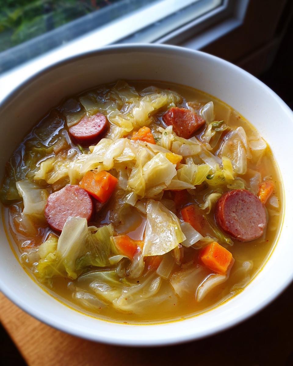 A bowl of delicious Cabbage and Kielbasa Soup, with cabbage, kielbasa sausage, and carrots.