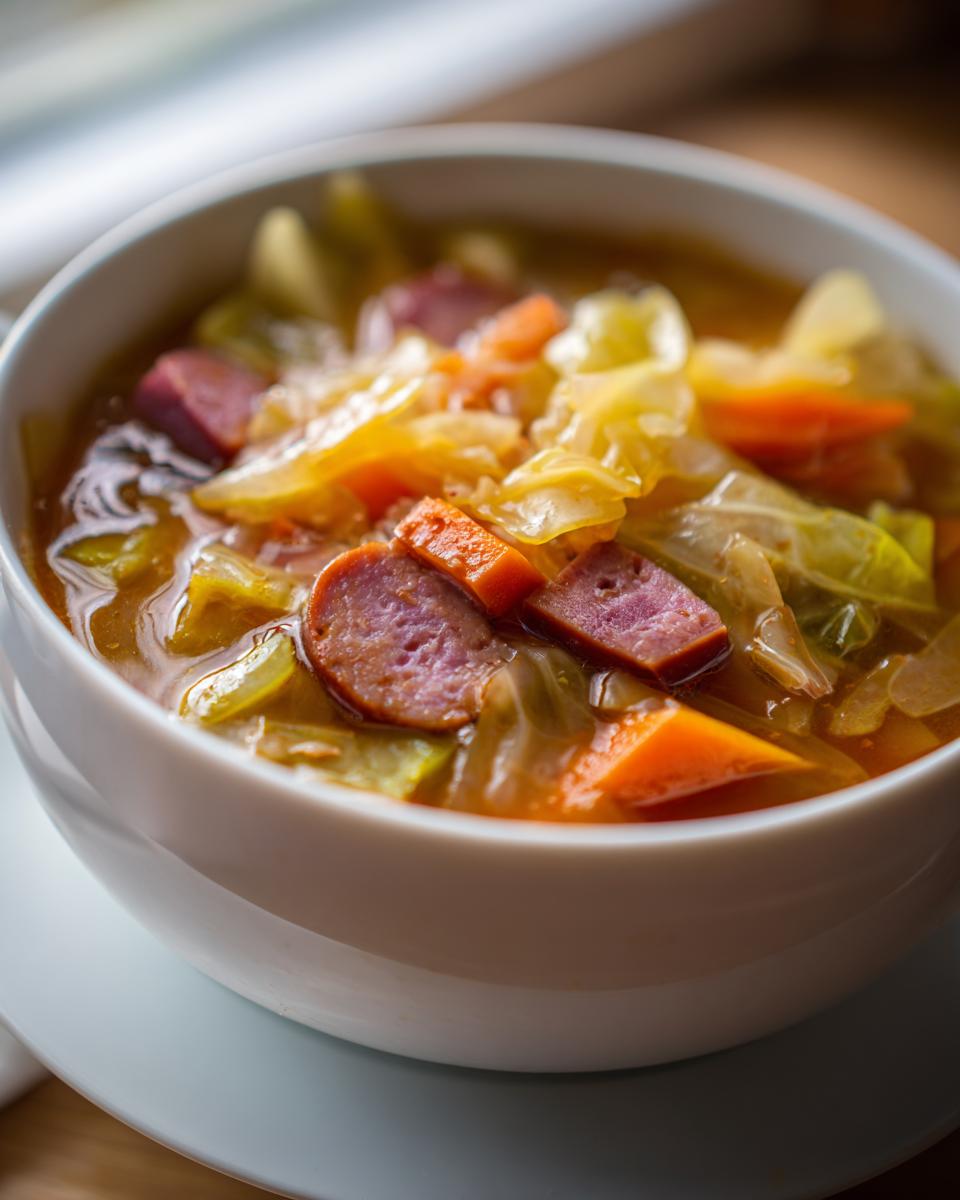 Close-up of a bowl of Cabbage and Kielbasa Soup with sausage, cabbage, and carrots.
