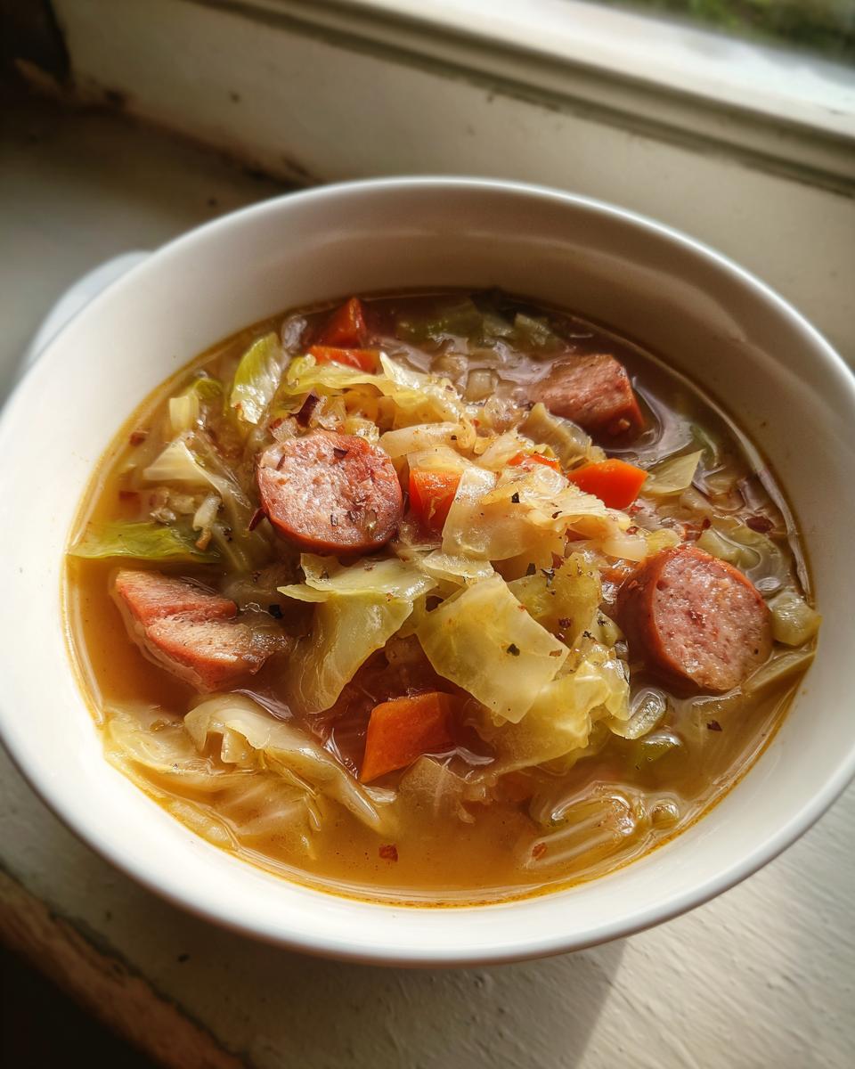 A close-up of a bowl of Cabbage and Kielbasa Soup, showing cabbage, kielbasa, and carrots.