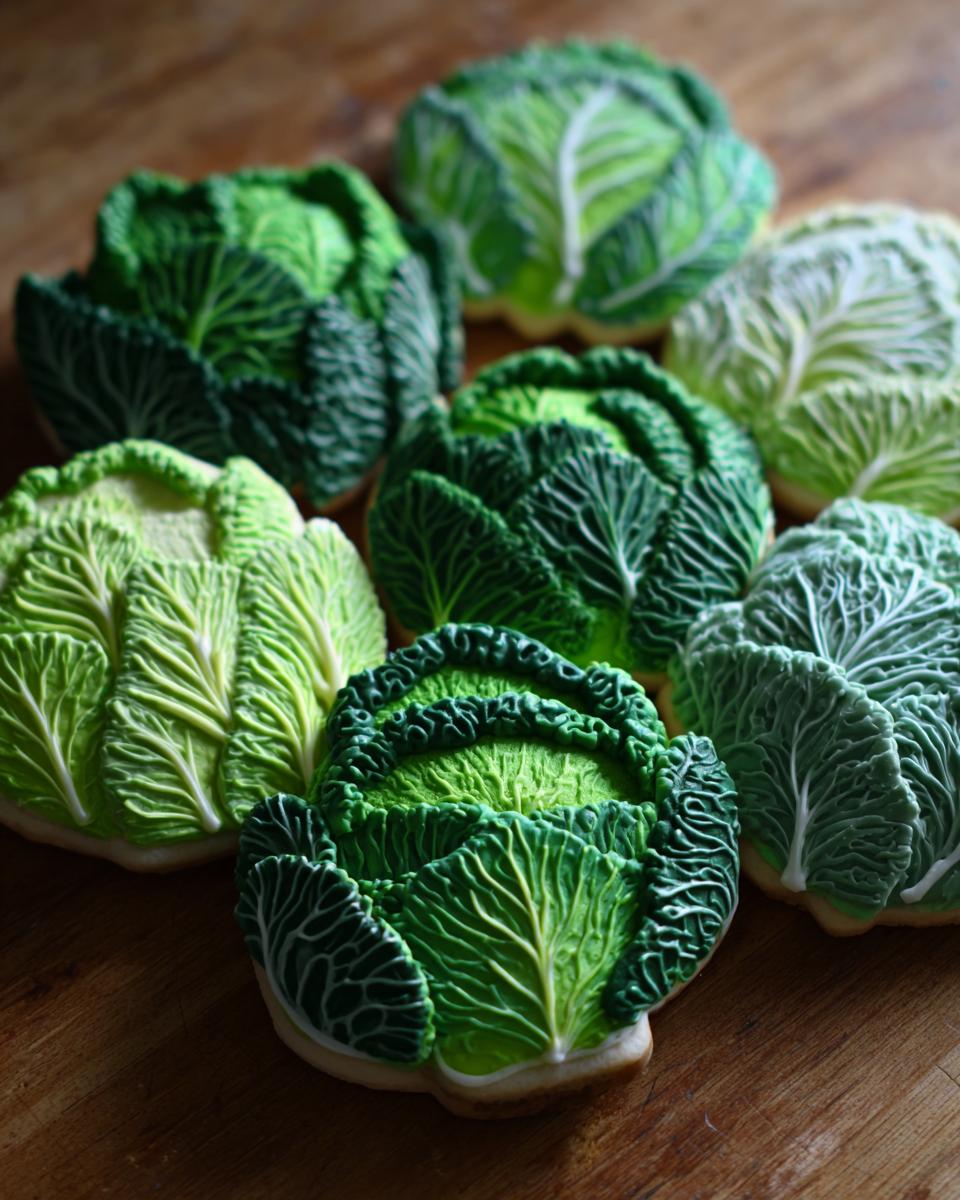 Close-up of several Cabbage-Shaped Sugar Cut-Outs, detailed with green icing on a wooden surface.