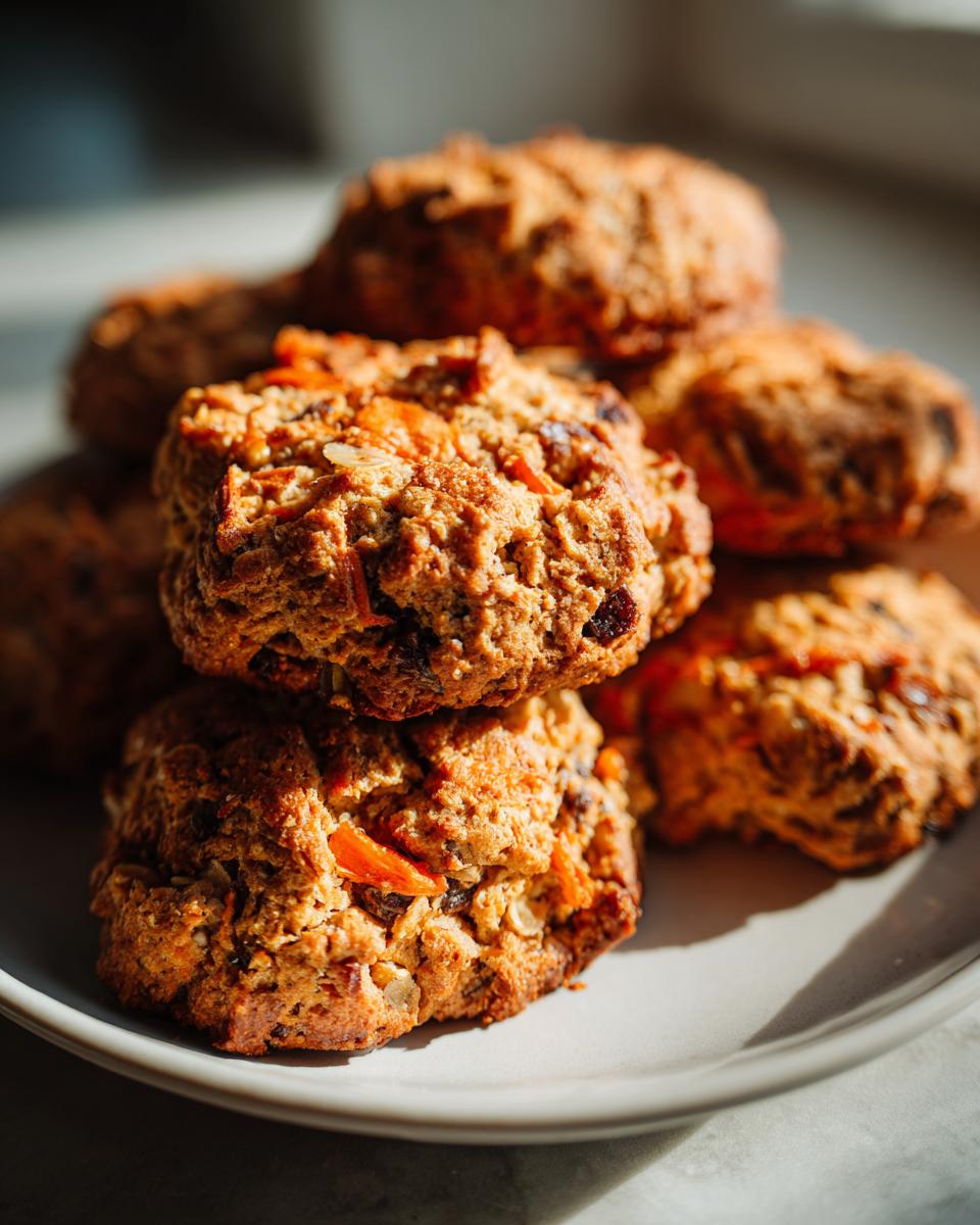 Close-up of a stack of homemade Carrot and Apple Doggie Cookies on a plate.