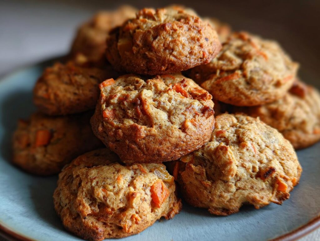 Pile of homemade Carrot and Apple Doggie Cookies on a plate, close-up.