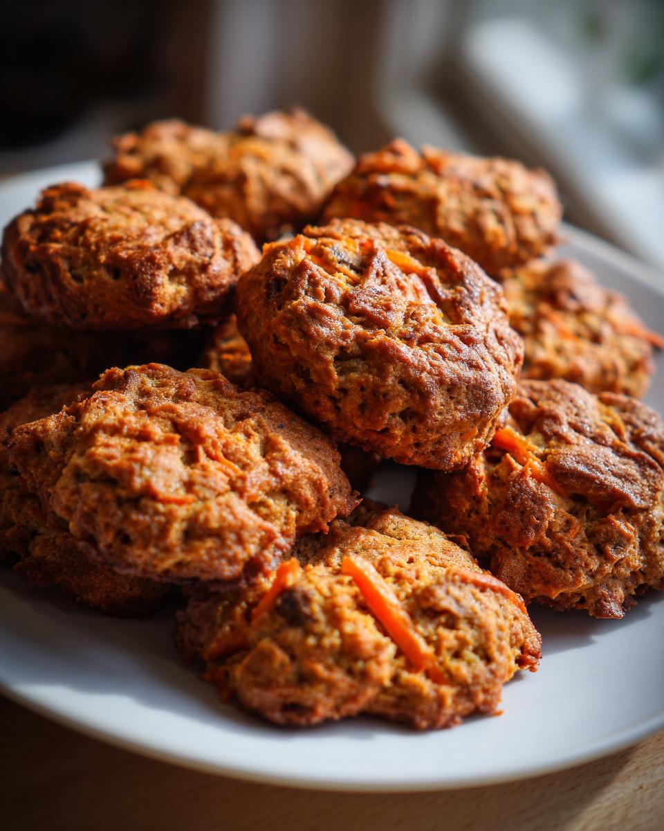 A plate piled high with homemade Carrot and Apple Doggie Cookies, perfect for your furry friend.