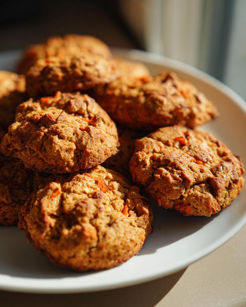 Close-up of a plate piled high with delicious Carrot and Apple Doggie Cookies.