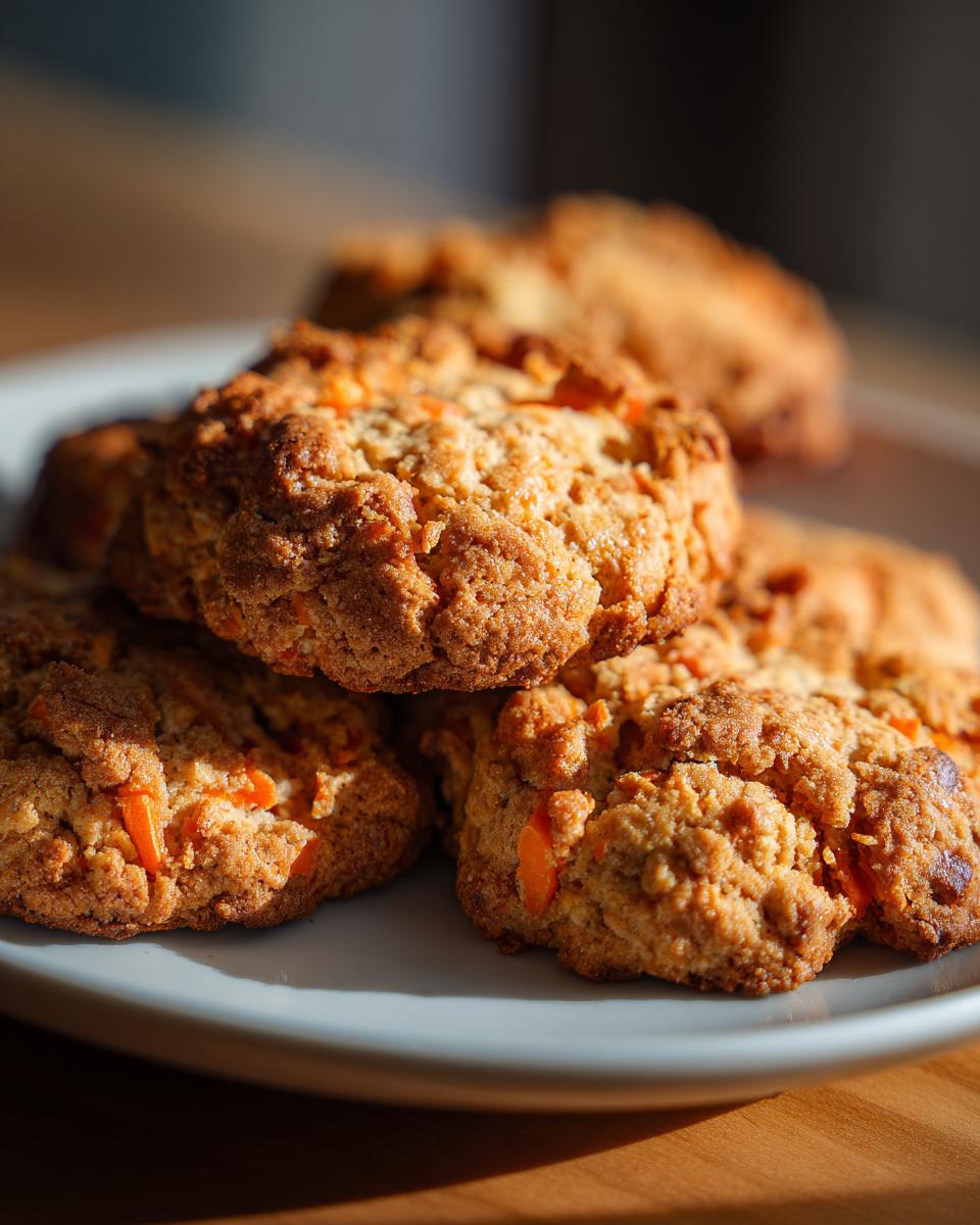 Close-up of a stack of homemade Carrot and Apple Doggie Cookies on a plate, with visible carrot pieces.