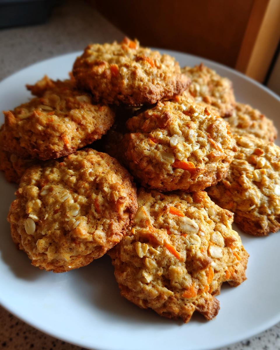 A stack of delicious carrot cake oatmeal cookies on a white plate.