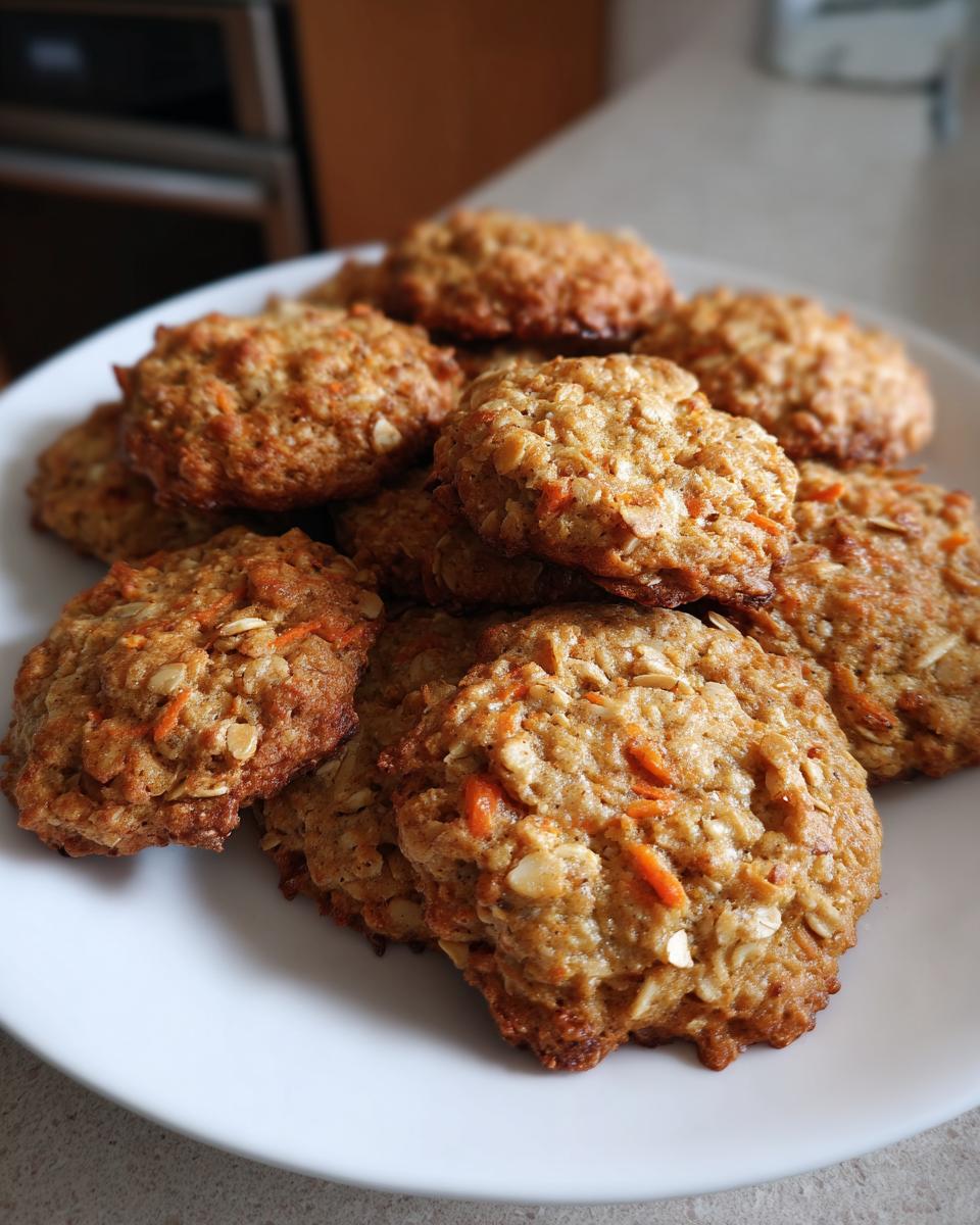 A plate piled high with freshly baked Carrot Cake Oatmeal Cookies.
