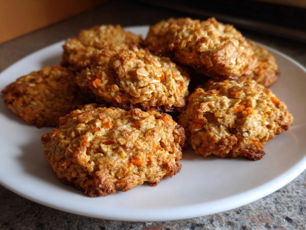 Close-up of a plate of delicious Carrot Cake Oatmeal Cookies, with visible oats and carrots.
