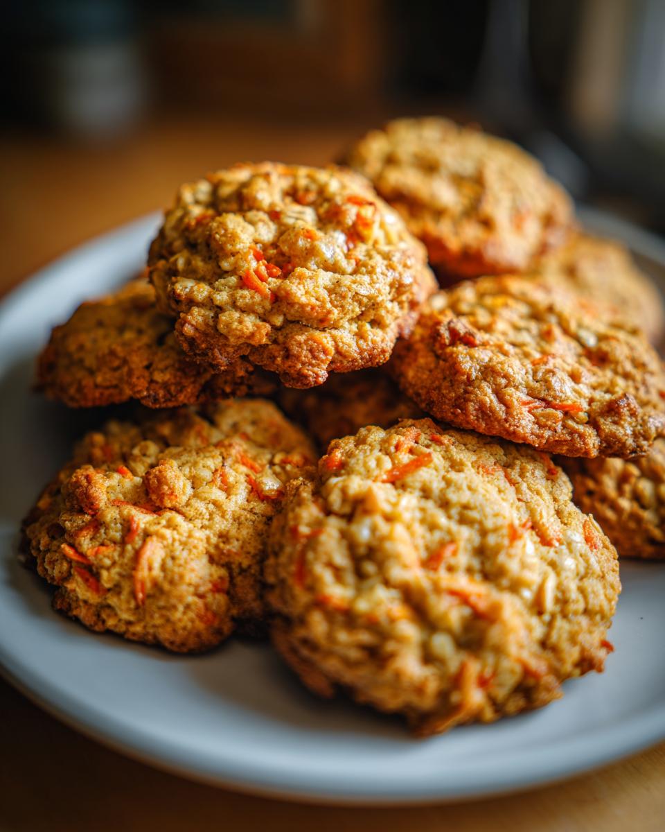 Close-up of a stack of delicious Carrot Cake Oatmeal Cookies on a plate, showing texture and ingredients.