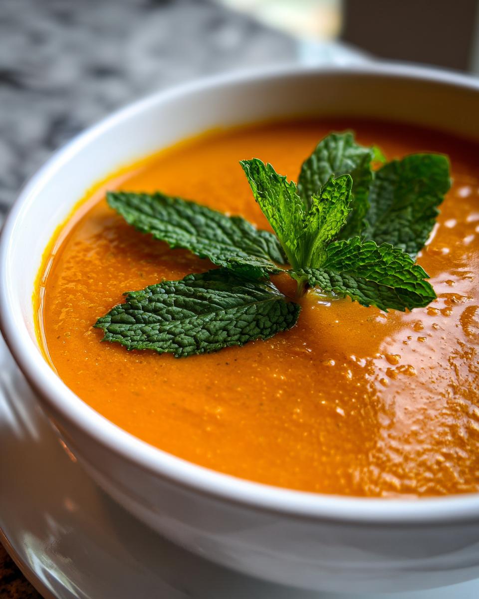 Close-up of a bowl of Carrot Ginger Mint Soup garnished with fresh mint leaves.