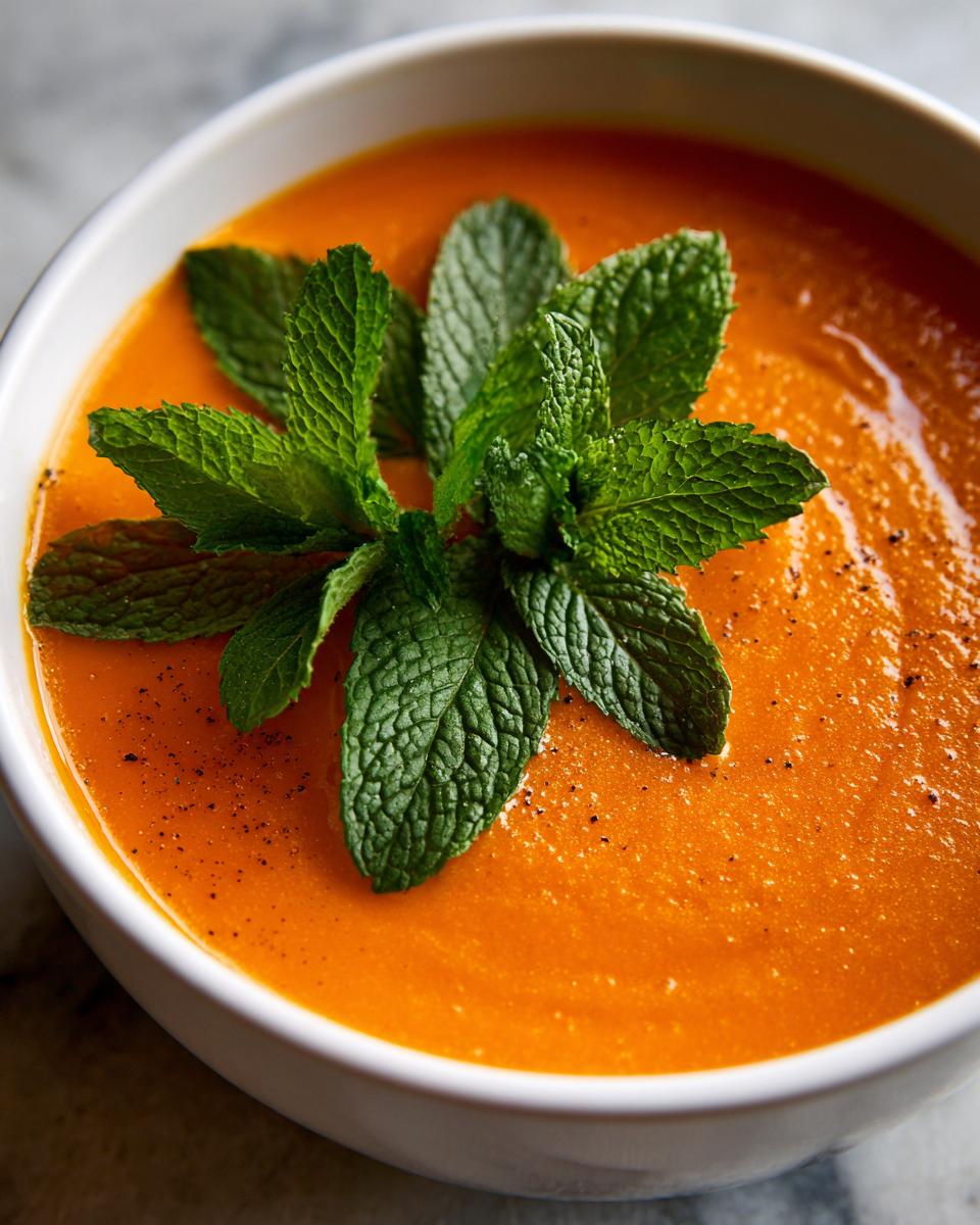 Close-up of a bowl of Carrot Ginger Mint Soup, garnished with fresh mint leaves.