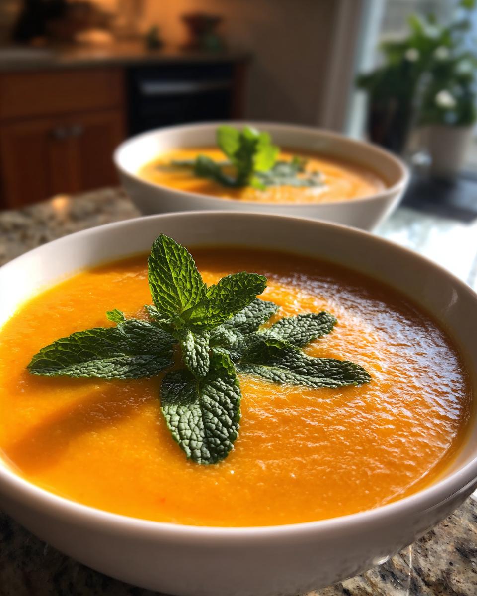 Two bowls of Carrot Ginger Mint Soup garnished with fresh mint leaves.