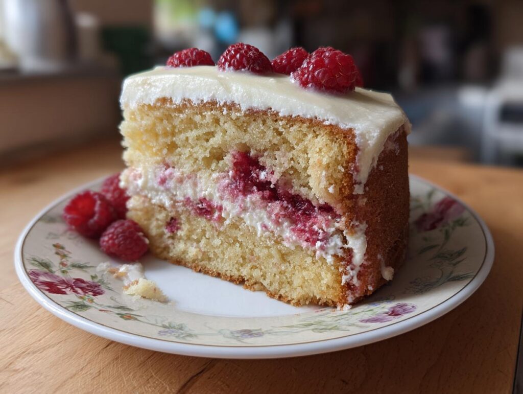 A slice of Champagne Raspberry Layer Cake with fresh raspberries and cream.