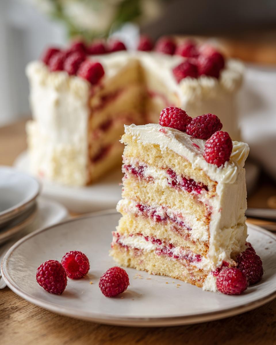 Close-up of a slice of Champagne Raspberry Layer Cake with fresh raspberries and cream.