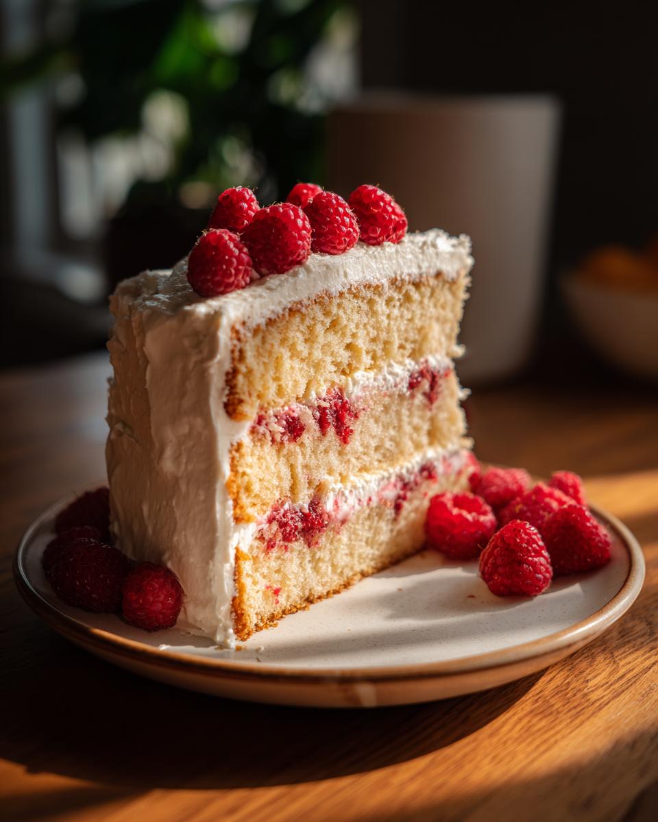 A slice of Champagne Raspberry Layer Cake on a plate, with fresh raspberries.