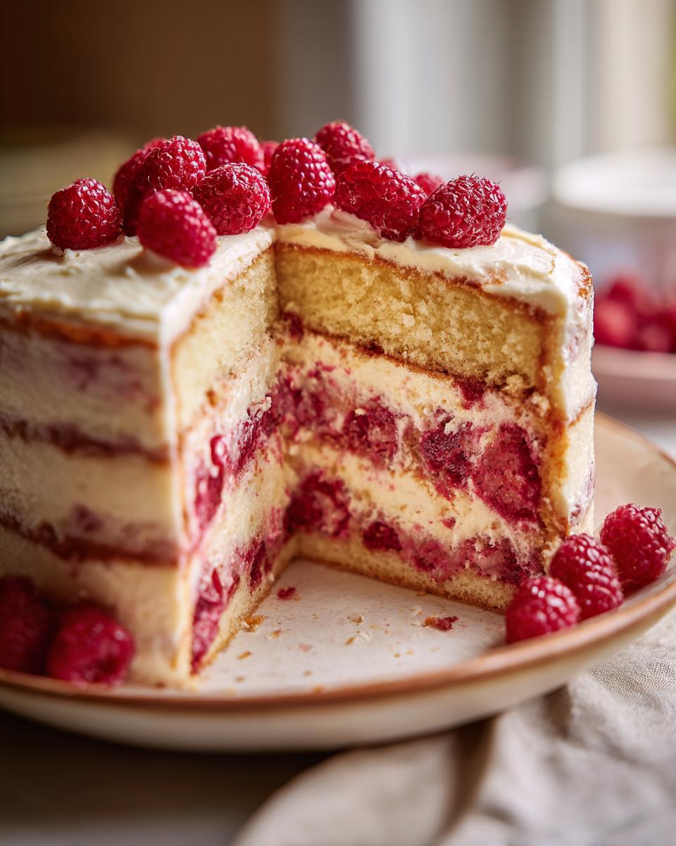 A slice of Champagne Raspberry Layer Cake with fresh raspberries on top.