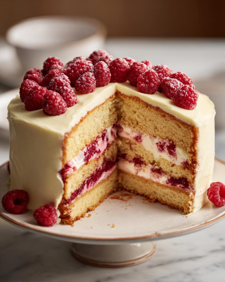 A slice of Champagne Raspberry Layer Cake with fresh raspberries on top, showing layers of cake and filling.