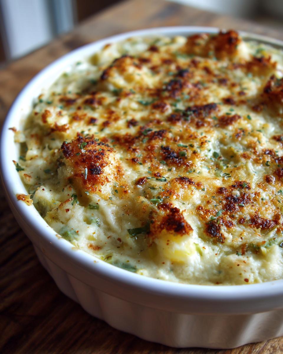 Close-up of a baked Cheesy Colcannon Dip in a white dish, garnished with herbs.