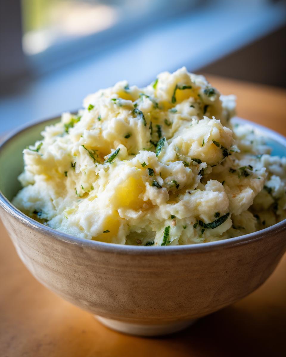 Close-up of a bowl filled with creamy Cheesy Colcannon Dip, garnished with herbs.