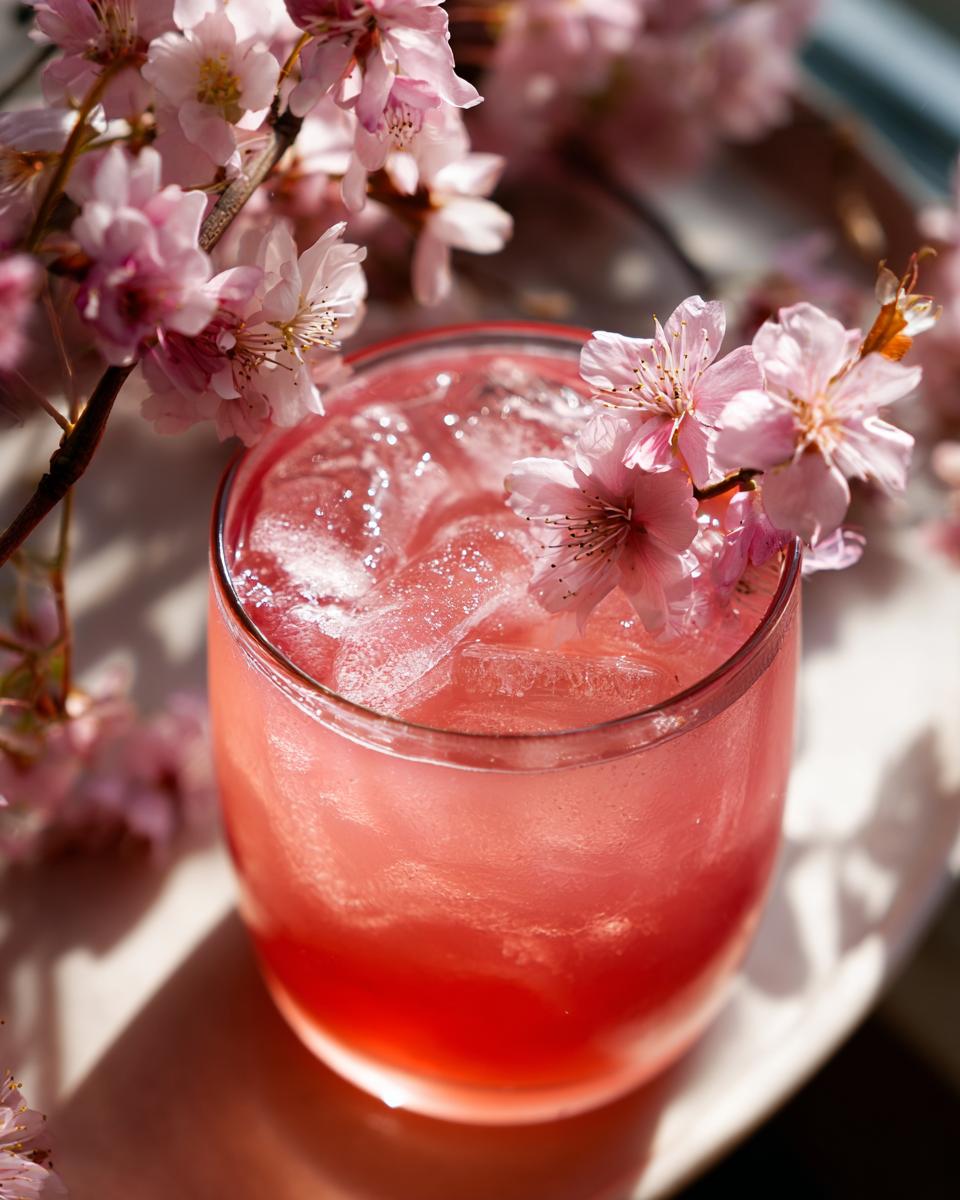 A vibrant Cherry Blossom Mocktail in a glass, garnished with cherry blossom flowers and ice.