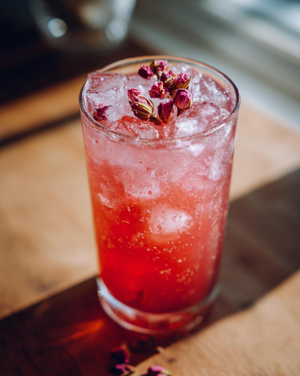 A vibrant Cherry Blossom Mocktail in a glass, garnished with flowers and ice.