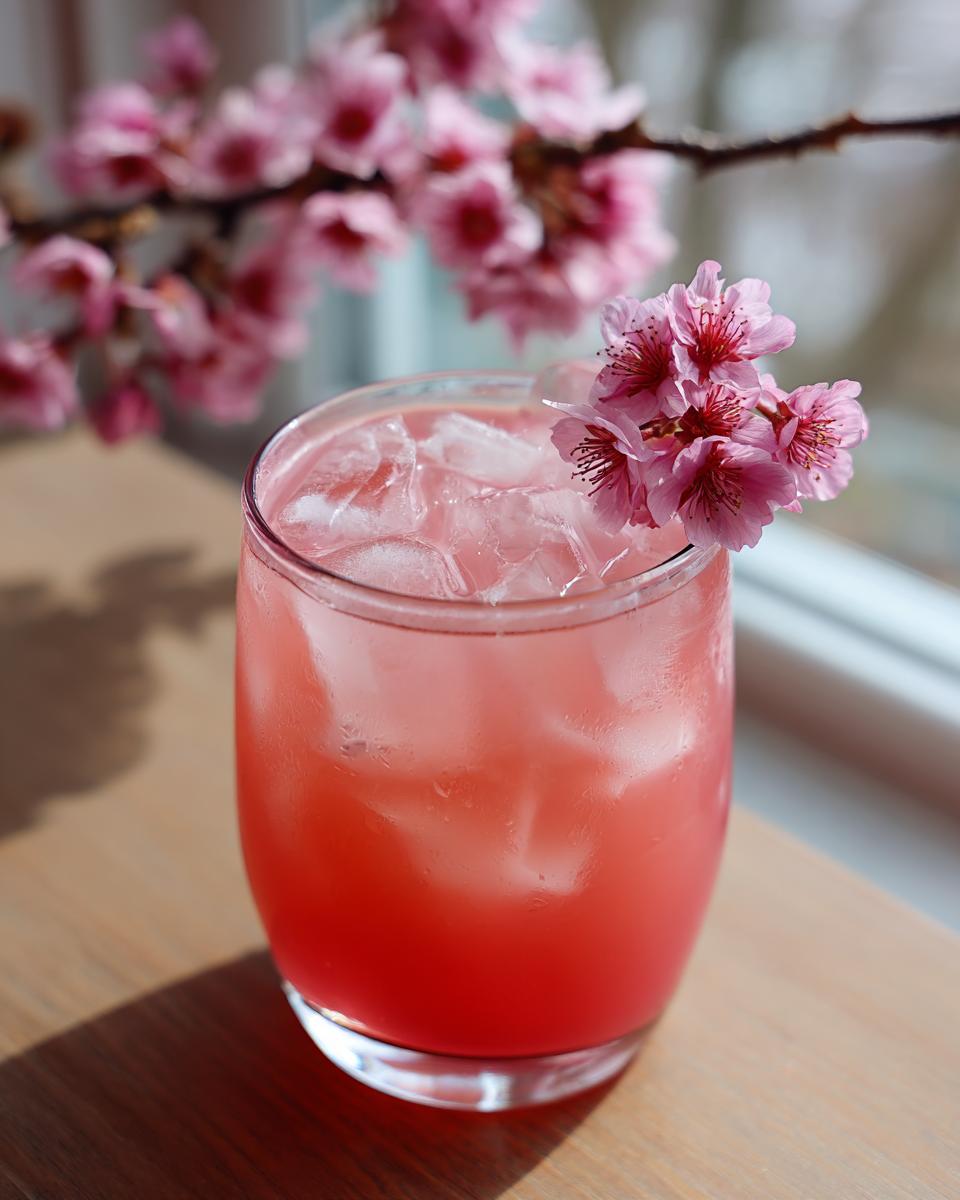 A glass of a pink Cherry Blossom Mocktail with ice and cherry blossoms for garnish.