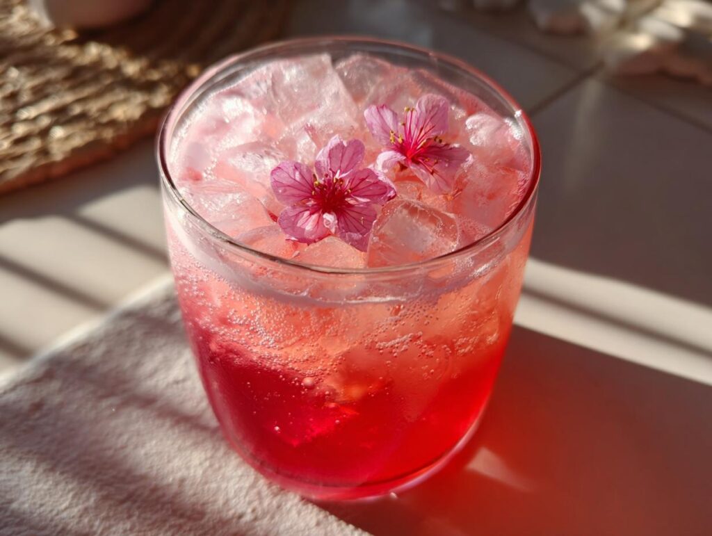 Close-up of a Cherry Blossom Mocktail in a glass with ice and cherry blossom flowers.