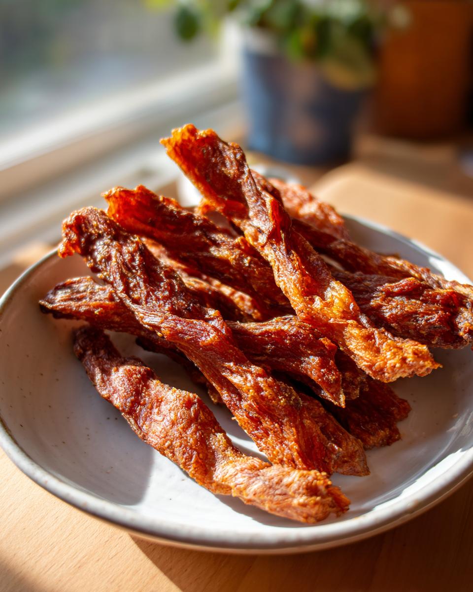 Close-up of homemade Chicken Jerky Valentine’s Dog Treats on a plate.