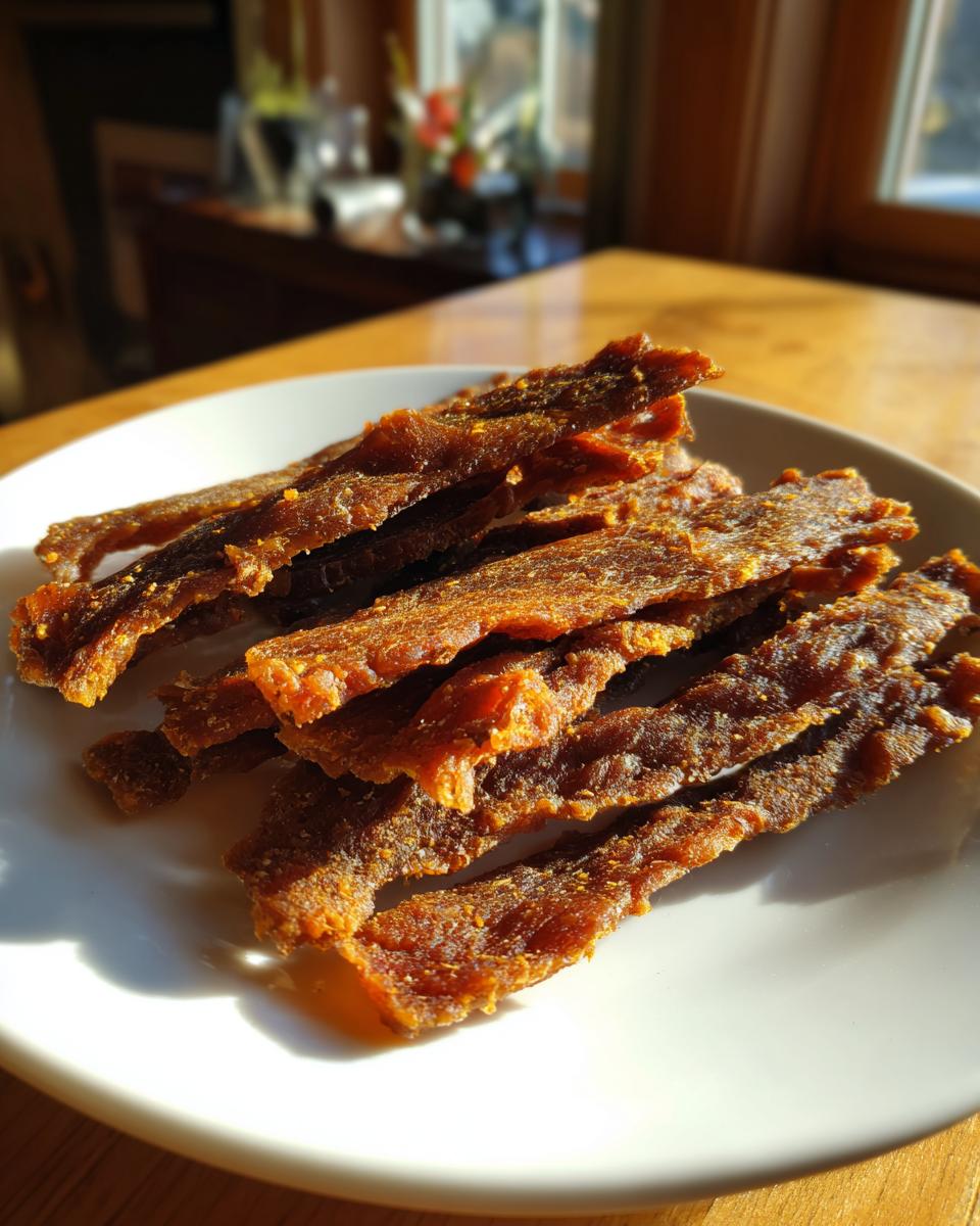 Pile of homemade chicken jerky Valentine’s dog treats on a white plate.
