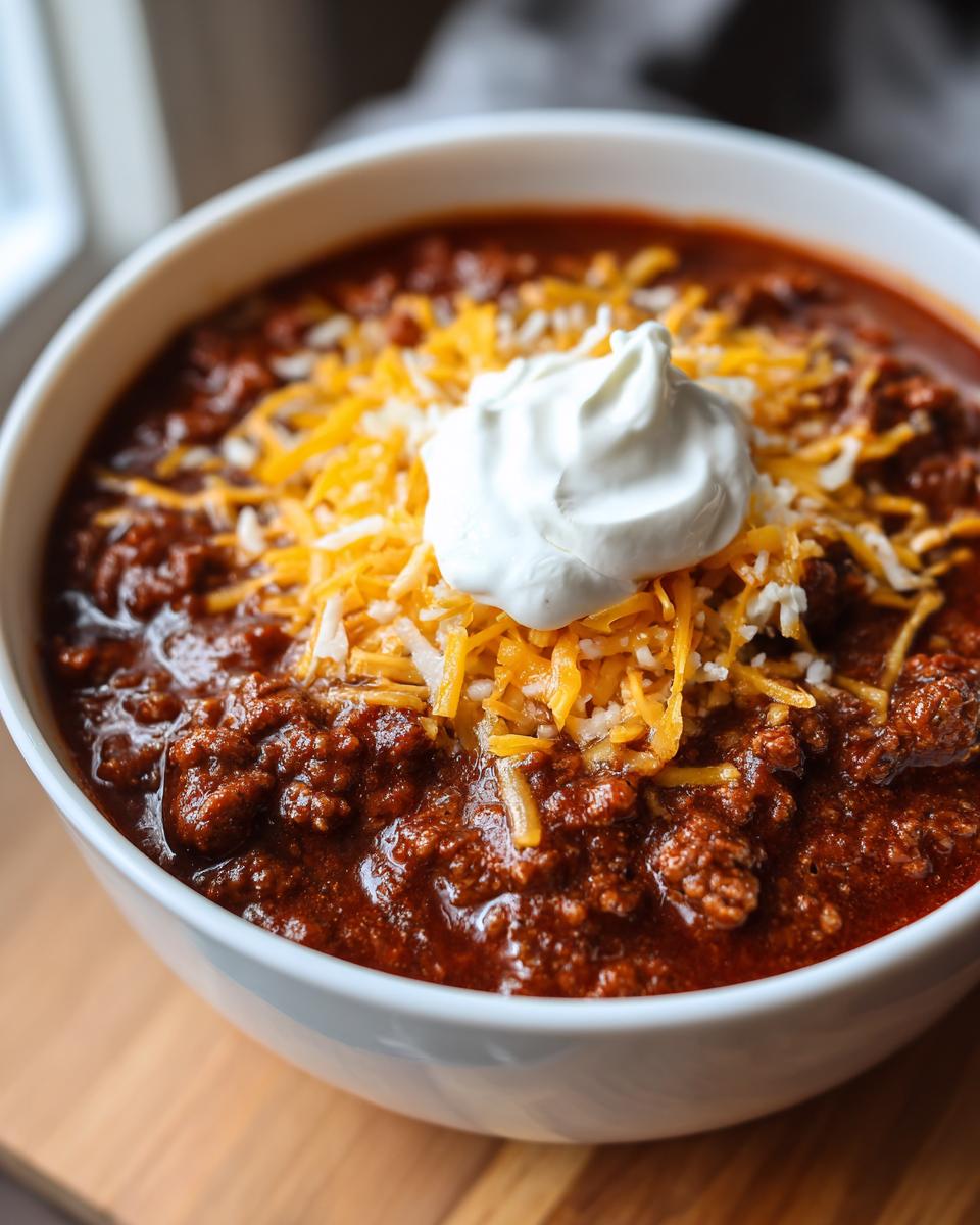 Close-up of a bowl of Decadent Chocolate Chili for Two, topped with cheese and sour cream.