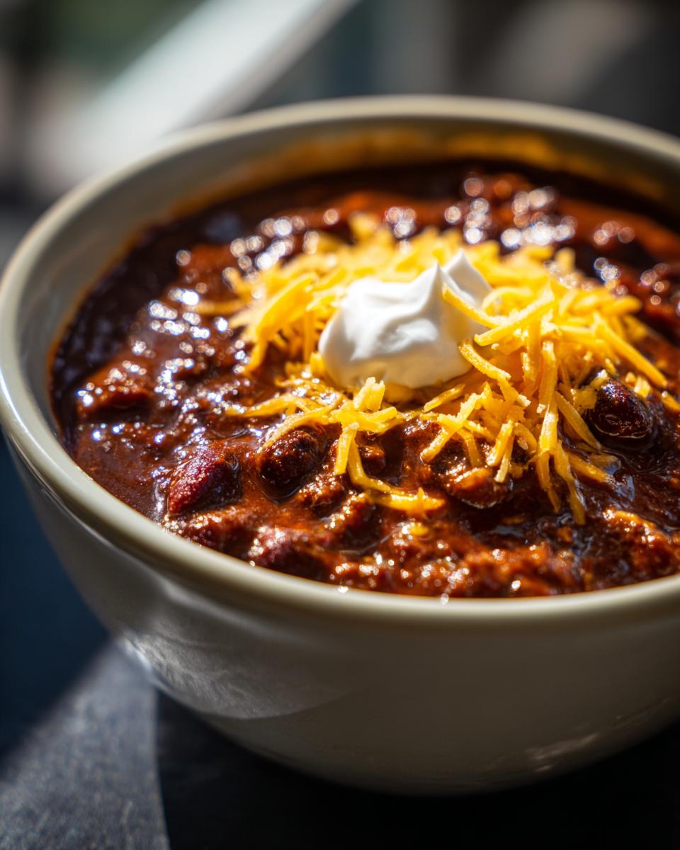 Close-up of a bowl of Decadent Chocolate Chili for Two, topped with cheese and sour cream.