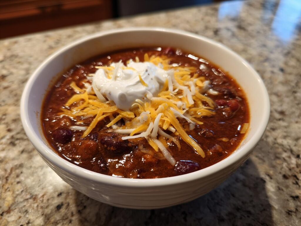 Bowl of decadent chocolate chili for two, topped with sour cream and shredded cheese.