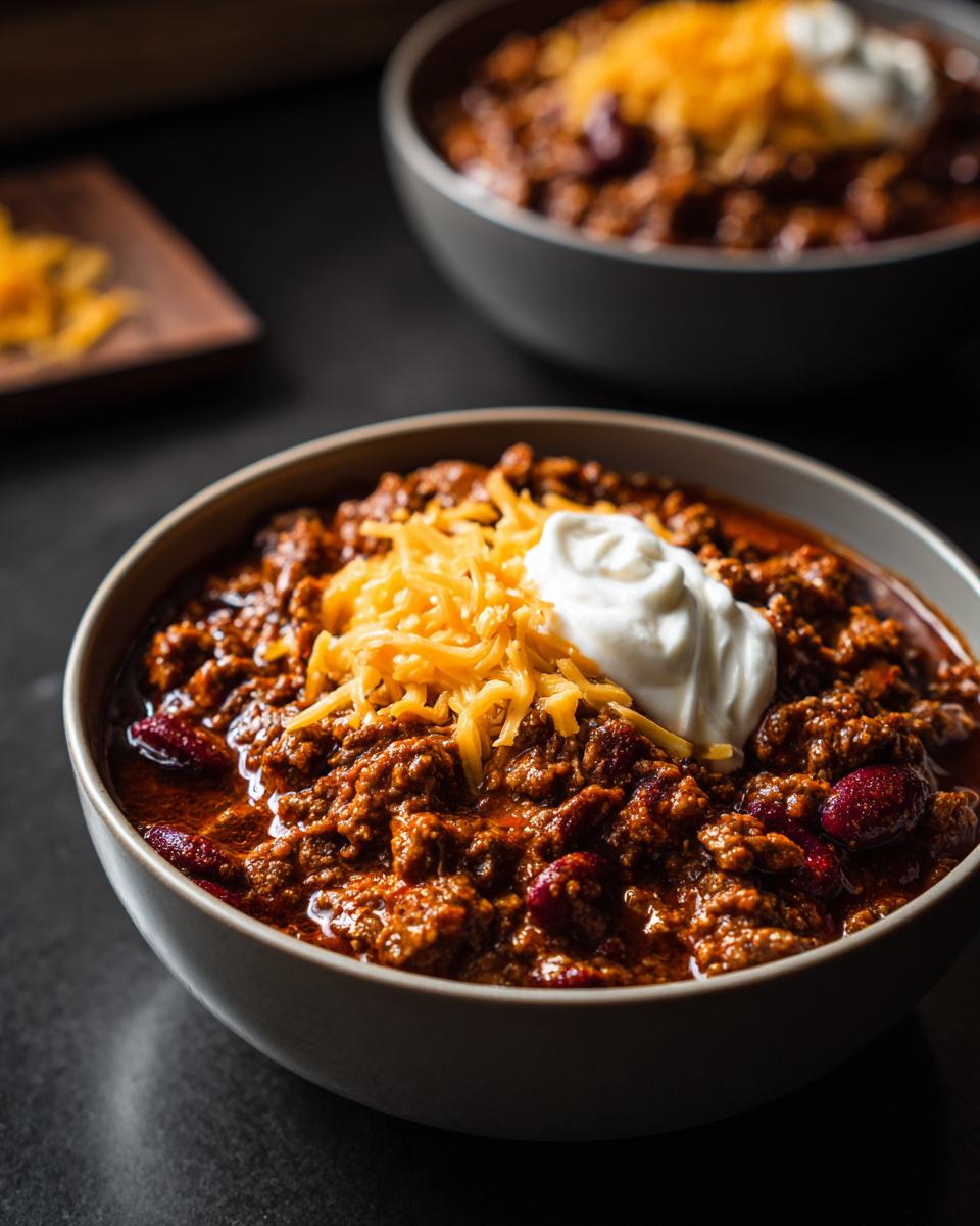 Close-up of Decadent Chocolate Chili for Two in bowls, topped with cheese and sour cream.