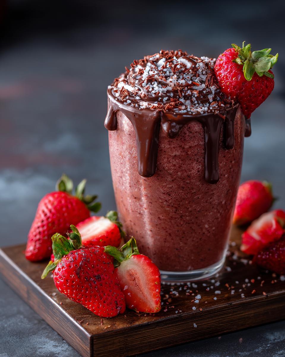 A delicious Chocolate Covered Strawberry Smoothie in a glass, garnished with strawberries and chocolate.