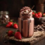 A delicious Chocolate Covered Strawberry Smoothie in a jar, garnished with whipped cream and chocolate shavings.