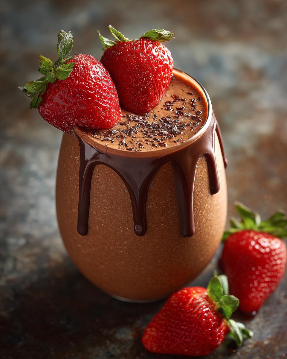 A delicious Chocolate Covered Strawberry Smoothie in a glass, garnished with fresh strawberries and chocolate drizzle.