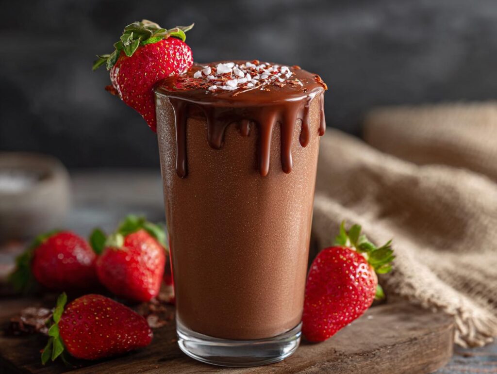 A tall glass of a Chocolate Covered Strawberry Smoothie, garnished with a strawberry and chocolate drizzle.