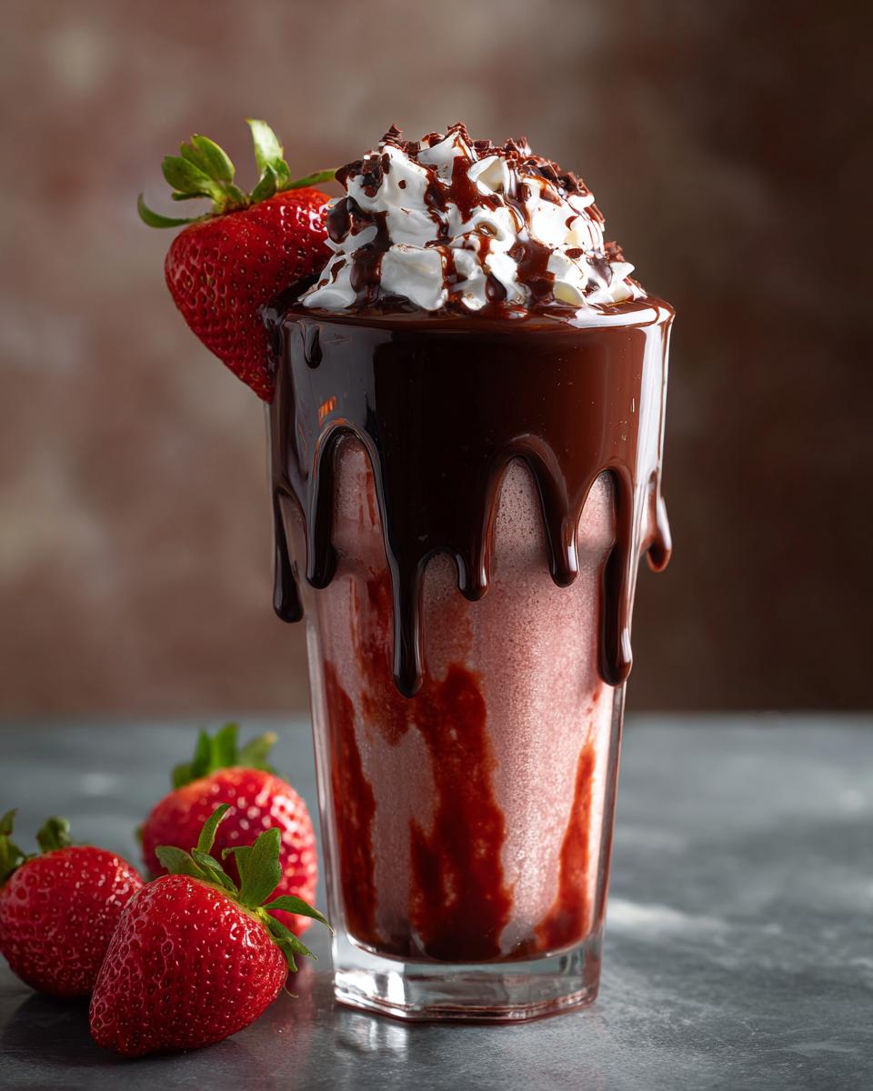 A tall glass of Chocolate Covered Strawberry Smoothie, drizzled with chocolate and topped with whipped cream and a strawberry.
