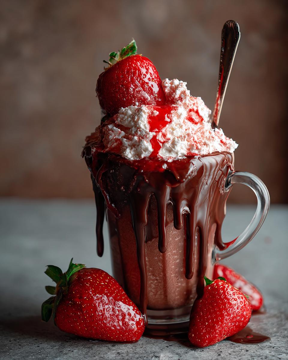 A delicious Chocolate Covered Strawberry Smoothie, topped with whipped cream and a fresh strawberry.
