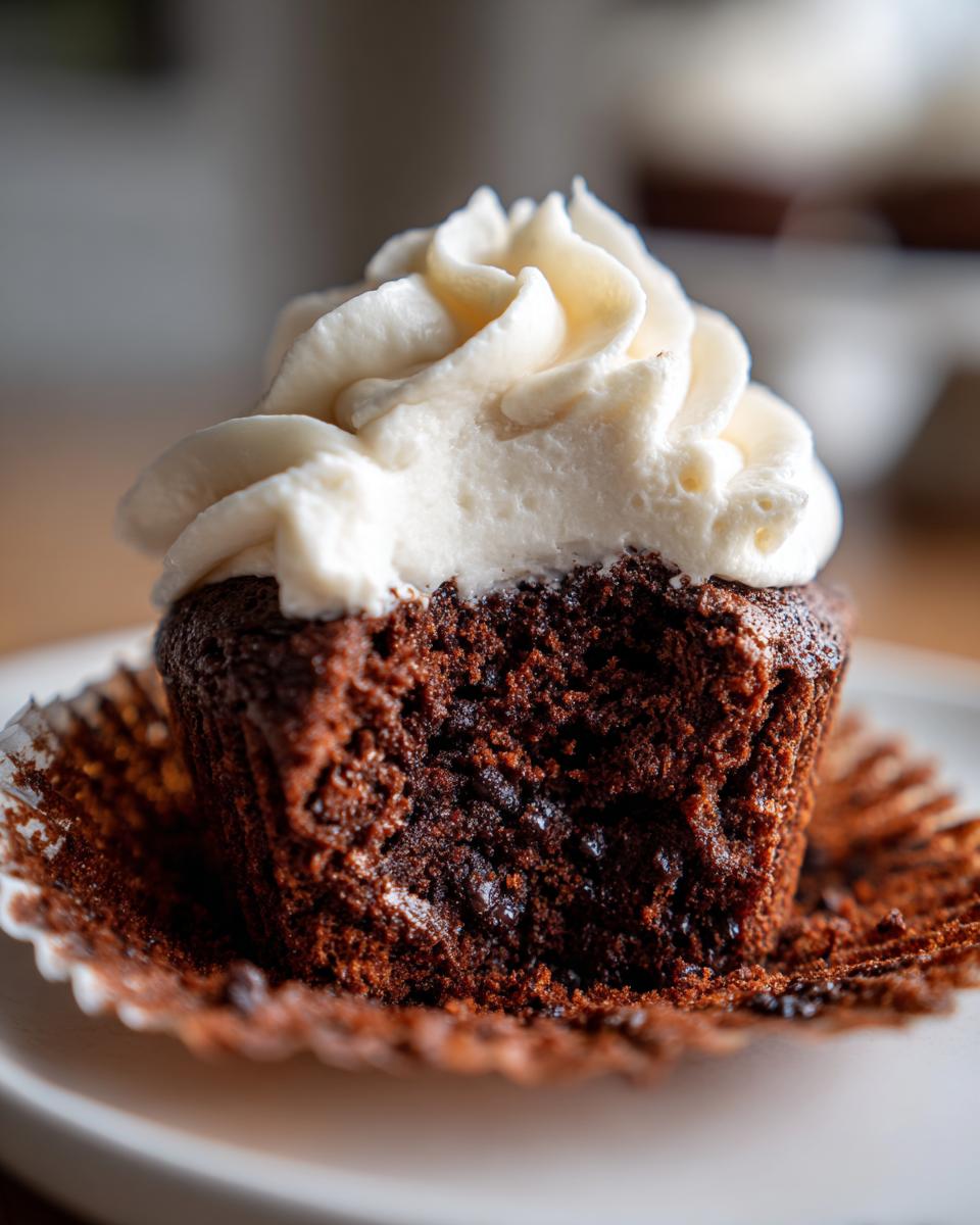 Close-up of a Chocolate Guinness Cupcake with frosting, showing the moist cake texture.