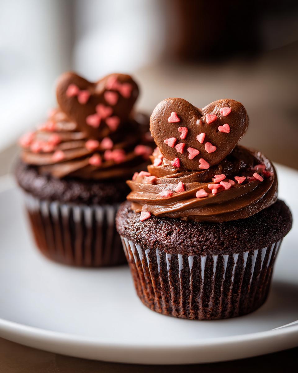 Two chocolate cupcakes topped with chocolate frosting, heart-shaped decorations, and sprinkles. These are Chocolate Heart Cupcakes.