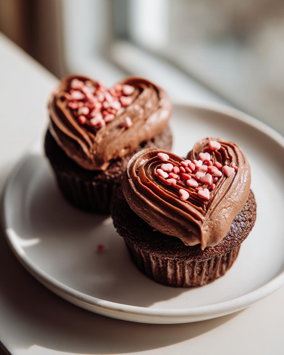Two chocolate heart cupcakes with chocolate frosting and heart sprinkles on a white plate.