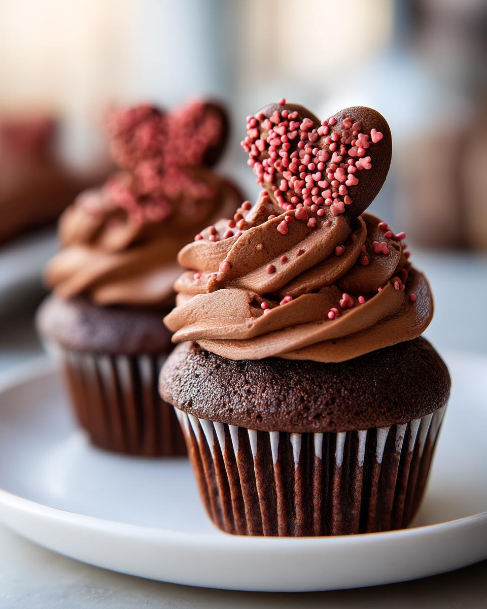 Close-up of two chocolate heart cupcakes with chocolate frosting and heart-shaped sprinkles.