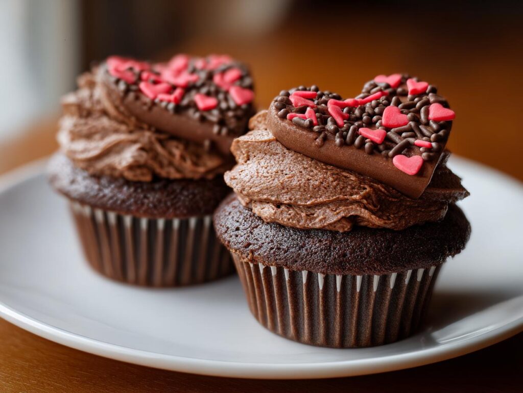 Two chocolate cupcakes topped with chocolate frosting and heart-shaped decorations. These are Chocolate Heart Cupcakes.
