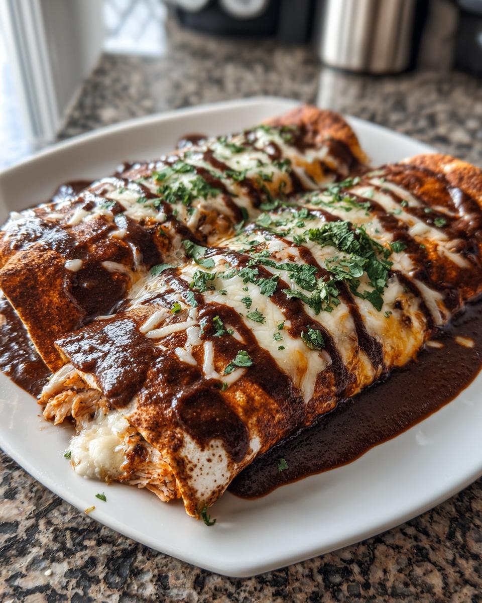 Close-up of Chocolate Mole Enchiladas, a perfect romantic dinner.