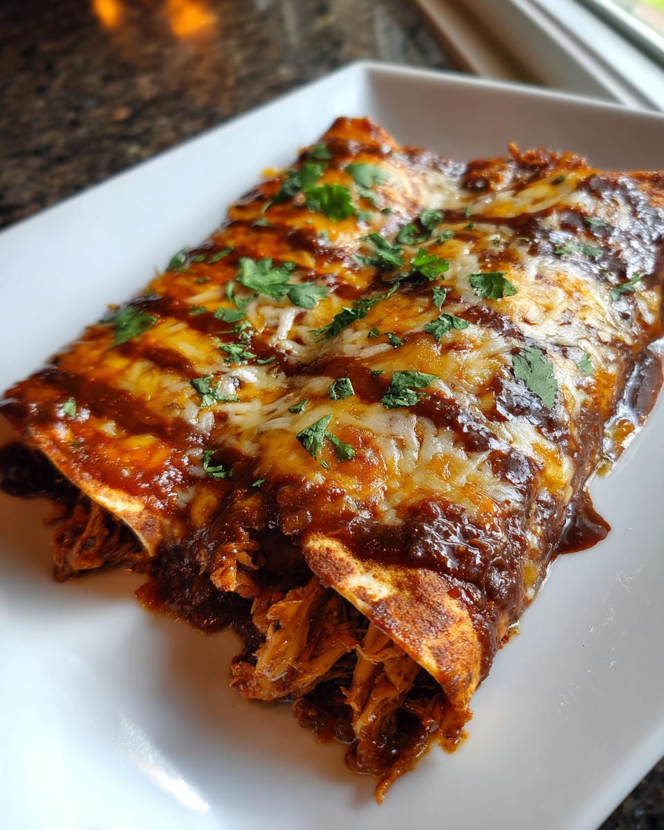 Close-up of two Chocolate Mole Enchiladas on a white plate, topped with cheese and cilantro.
