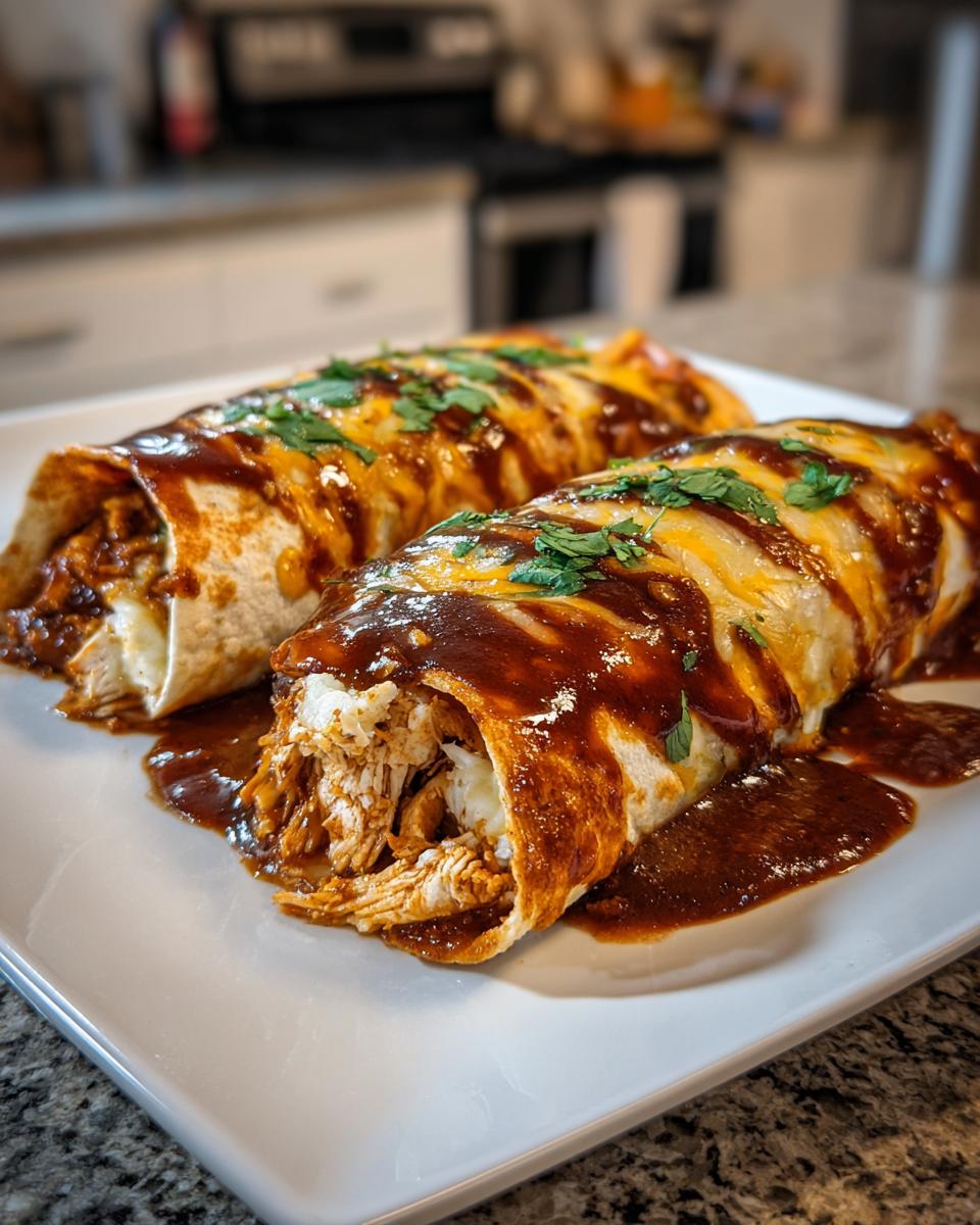 Two Chocolate Mole Enchiladas on a white plate, drizzled with mole sauce and garnished with cilantro.