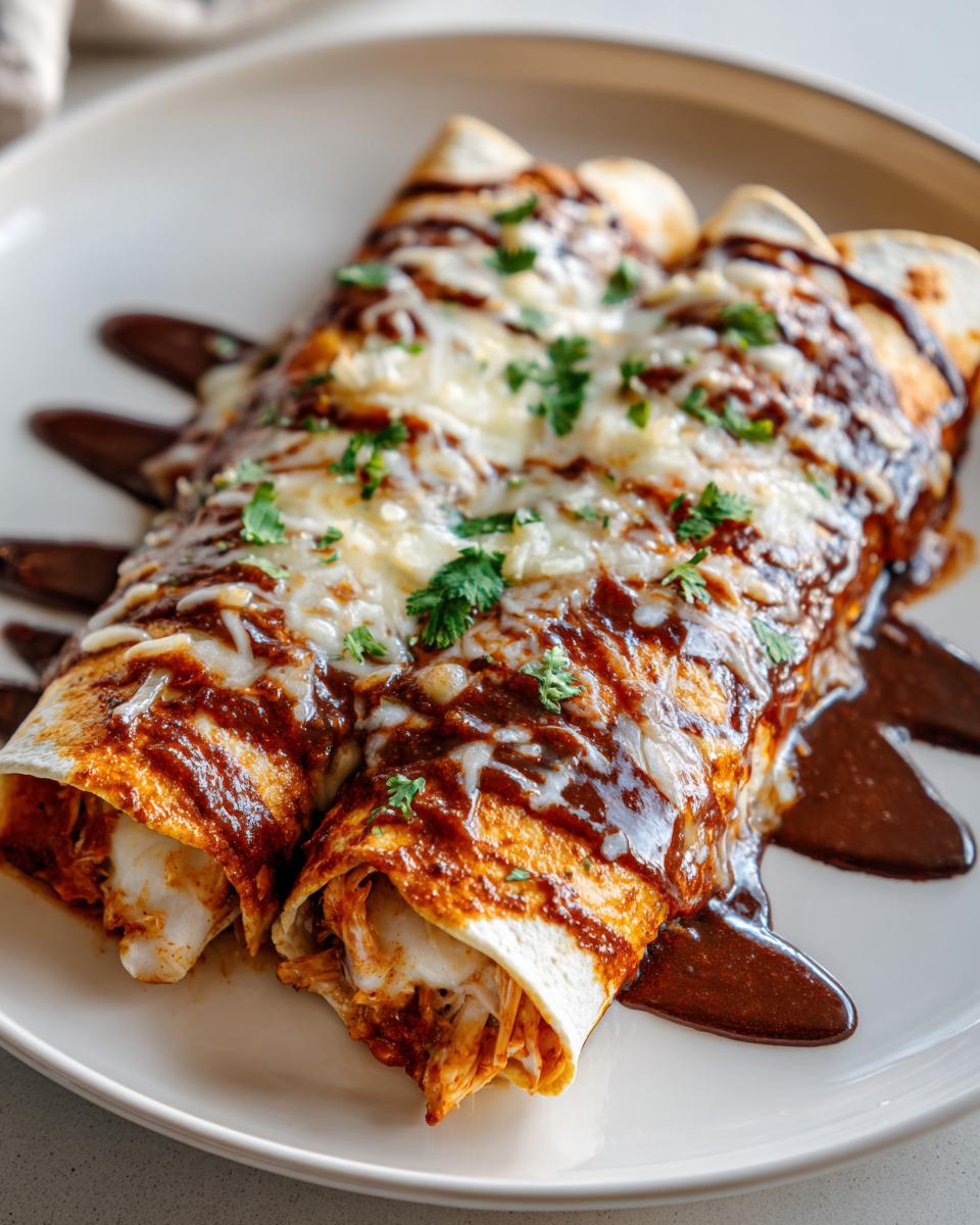 Close-up of two Chocolate Mole Enchiladas on a white plate, topped with cheese and cilantro.
