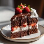 A delicious slice of Chocolate Strawberry Drip Cake with fresh strawberries and chocolate ganache.