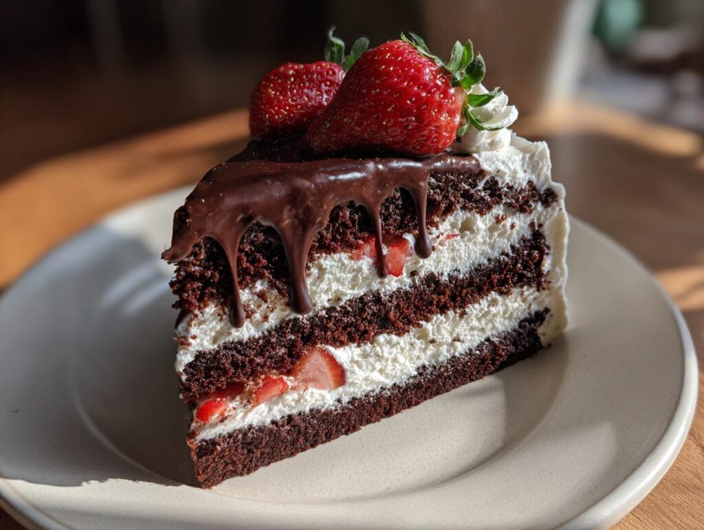 A slice of Chocolate Strawberry Drip Cake with chocolate ganache and fresh strawberries.